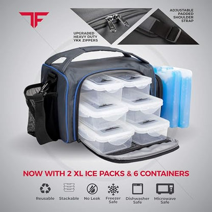 ThinkFit Insulated Lunch Box with 6 Portion Control Containers, Pill Dispenser, Shaker Cup & Ice Packs - BPA-Free, Reusable, Microwavable, Freezer Safe - Blue - color: Blue