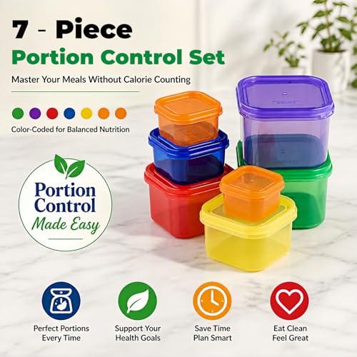 FIXBODY 7PCS Portion Control Containers, Color-Coded Labeled, 21 Day Lose Weight System (Use Guide, 21 Day Tracker and Recipe Ebook Include)