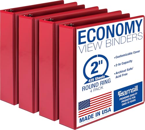 Samsill 2 Inch 3 Ring Binders, Economy Round Ring, Clear View Cover, 425 Sheet Capacity - for School, Home, Office - Red, 4 Pack - color: Red, size: 4-Pack, style: 2-Inch