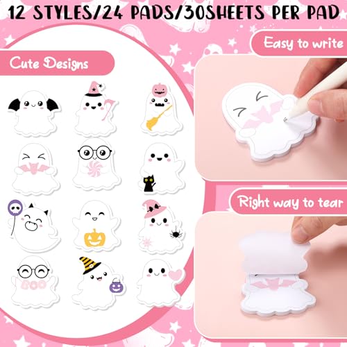 Yinder 24 Pads Cute Sticky Notes Fun Kawaii Ghost Sticky Notes Pads Bulk Cartoon Memo Self Adhesive Gift for Valentines Veterinary Office School Tab Party Supplies - style: Ghost