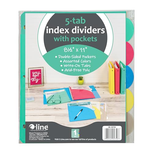 C-Line Polypropylene Binder Index Dividers with Double-Sided Slant Pockets, One 5-Tab Set, Assorted Colors (05750) - style: with Slant Pockets