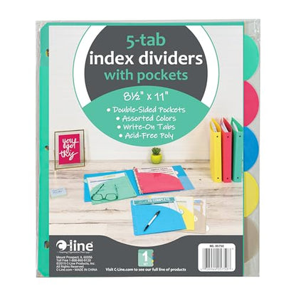 C-Line Polypropylene Binder Index Dividers with Double-Sided Slant Pockets, One 5-Tab Set, Assorted Colors (05750) - style: with Slant Pockets