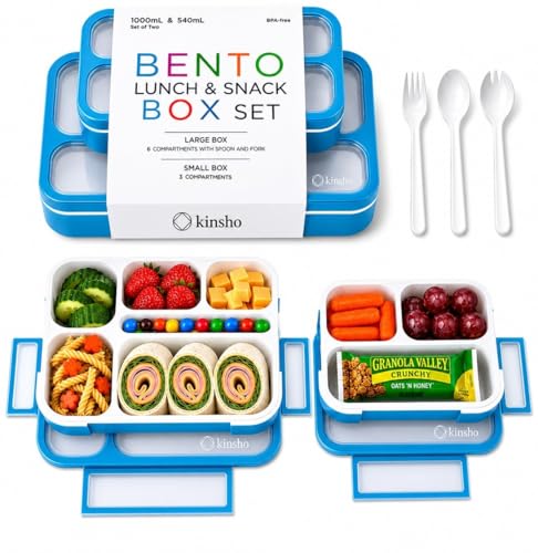 Bento-Box Lunch Box & Portion Control Snack Container Set, Leakproof Lunch-Boxes, Containers for School Meal Prep, Kids Boys Girls Adults, BPA Free, Utensils, Blue Large and MINI 2 pack - color: Blue Large + MINI 2 Pack