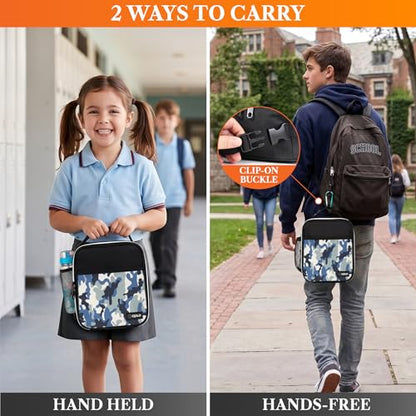 opux Insulated Lunch Bag for Kids Boys Girls, Small Compact Lunch Box with Wide Opening & Mesh Pockets, Reusable Lunch Pail for School, Work, Adults, Men, Women, Camo Blue - color: Blue Camo