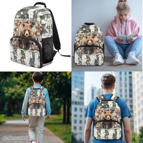 American Flag Bear Bookbags 3 in 1 School Backpack Set with Lunch Box Pencil Case 3PCS 17 Inch Teens Schoolbag for Middle High School Students - color: American Flag Bear