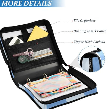 3 Ring Zipper Binder with Shoulder Strap Blue Checkered White Buffalo Plaid 1.5 inch Binders Keeper Large Capacity Multi Pockets for School Office Supplies - color: Multi398, size: Fit 500 Sheets
