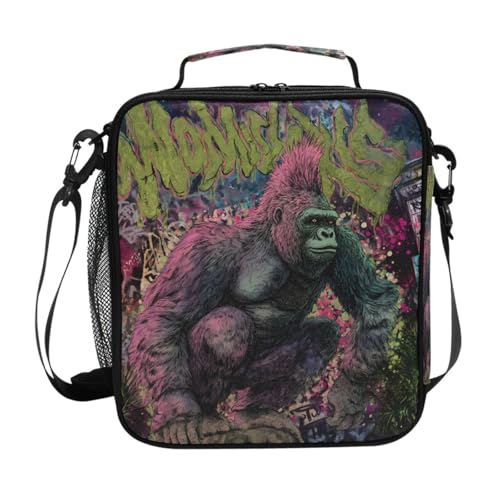 ALAZA Funny King Kong Lunch Box Insulated Lunch Bag Kids Cooler Tote Bag Freezable Shoulder Strap Lunchbox for Girls School Picnic - color: Multi891