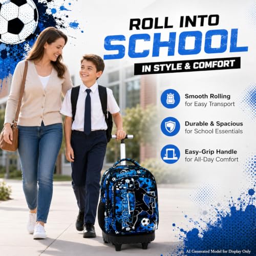 gxtvo Kids Rolling Backpack for Boys, Men Wheeled Bookbag with Lunch Box for Adults, Water Resistant Roller School Bag for College Teens Kids Travel - Blue Soccer - color: Rolling Backpack Shot Football Blue