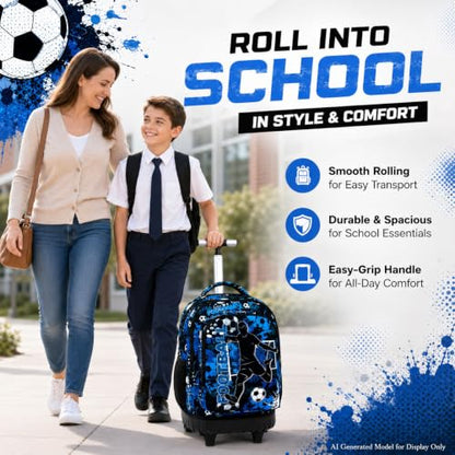 gxtvo Kids Rolling Backpack for Boys, Men Wheeled Bookbag with Lunch Box for Adults, Water Resistant Roller School Bag for College Teens Kids Travel - Blue Soccer - color: Rolling Backpack Shot Football Blue