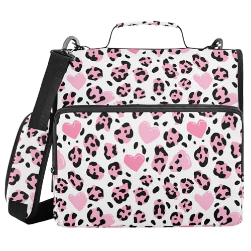 Pink Leopard Print Hearts Zipper Binder 3 Ring with Shoulder Strap 2 Inch Binder Holds 500 Sheets Multi-Pocket Organizer Zipper Binders Organizer for School Students Office - color: Multicolored.19