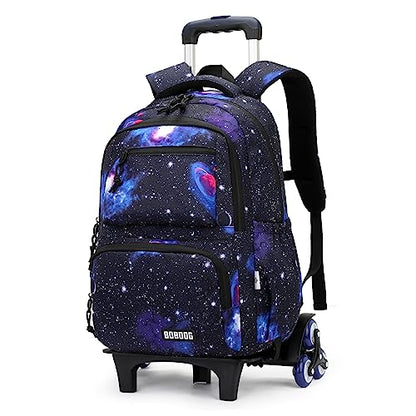 VIDOSCLA Galaxy Kids Rolling Backpack for Boys Primary Students Wheeled Bookbags for School - color: A#01-deep Blue-galaxcy Single Roling Backpack