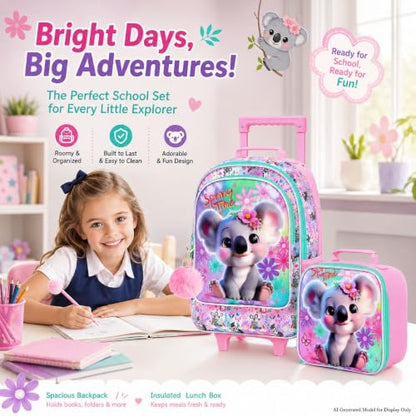 KLFVB Rolling Backpack for Girls, 3PCS Kids Roller Bookbag with Lunch Bag, Wheeled School Bag for Children - Koala - color: Upgraded Uv Printing Pink Koala Rolling Backpack