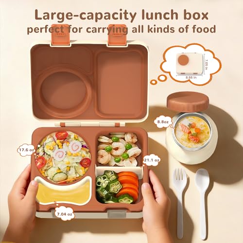 Bento Box for Kids, Leakproof Kids Bento Lunch Box Container with 8oz Insulated Thermo Food Jar, Sauce Jar, Utensil, DIY Stickers for School Boys Girls, 3-4 Compartments, BPA-Free - color: Beige