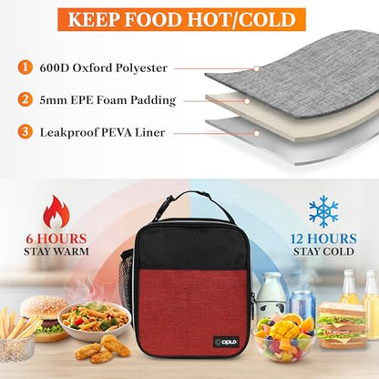 opux Insulated Lunch Bag for Kids Boys Girls, Small Compact Lunch Box with Wide Opening & Mesh Pockets, Reusable Lunch Pail for School, Work, Adults, Men, Women, Heather Red - color: Heather Red