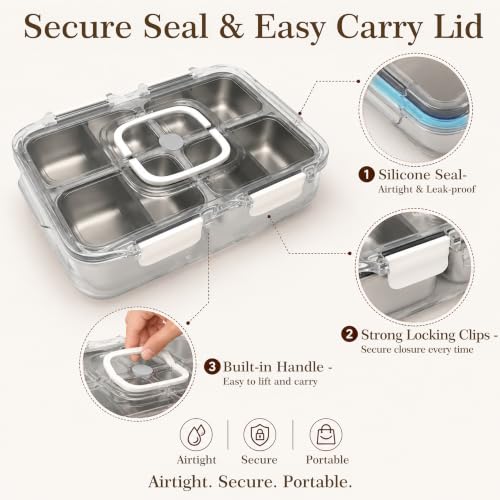 Snackle Box Container with Ice Pack, 304 Stainless Steel Snackle Box Set | 7-piece set, stainless steel, ice pack, insulated bag, fork & spoon, customizable divider system, flexible configuration