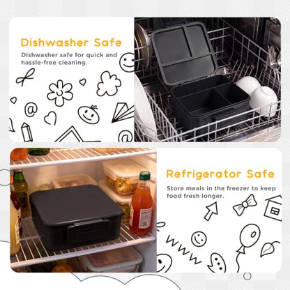 Bento Lunch Box for Kids with 8oz Thermo Containers for School,Camping | Vacuum Insulated Food Jar,Leakproof Silicone-Seal,5 Compartments with Dividers,Dishwasher & Refrigerator Safe,BPA-Free - color: Black
