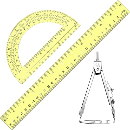 Zonon 3 Pcs Plastic Ruler 6 Inch Protractor Drawing Compass Set, Student Geometry Math Transparent Measuring Tools for Home School Classroom Office Supplies(12 Inch,Yellow) - color: Yellow, size: 12 Inch