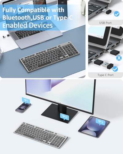 FENIFOX Wireless Keyboard, Bluetooth & 2.4G USB & USB-C Rechargeable Silent Ultra Quiet Low Profile Compact Full Size with Number Pad Soft Multi Device for Mac MacBook Windows PC - Black & Grey - color: Black Gray