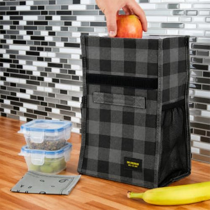 2nd Childhood Insulated Lunch Bag for Men, Durable & Reusable, Plaid Grey | Slim lunch bag with carry handle, two mesh side pockets and a back slip pocket; insulated liner keeps food cool - color: Buffalo Grey