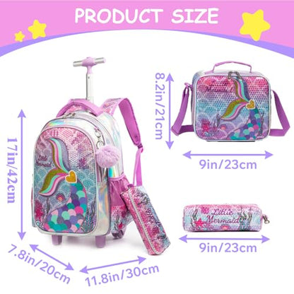 Kids Rolling Mermaids Backpack for Girls Sequins Trolley Suitcases Luggage Travel with Wheels Bookbag Wheeled 17" Roller Backpacks Toddler Back Pack School Bags for Elementary Golden Heart - color: 5416-meirenyu-golden