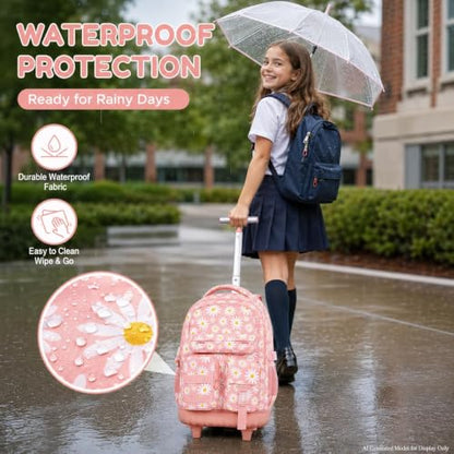 WZLVO 3PCS Rolling Backpack for Girls, Water Resistance Roller Bookbag, Women Aesthetic Wheeled School Bag Set with Lunch Bag & Pencil Bag for Teens & Kids - Pink Chrysanthemum - color: 3pcs Girls Rolling Backpack - Pink Chrysanthemum