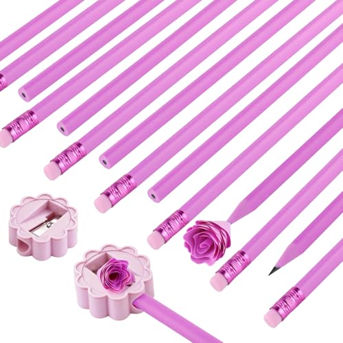 24 Pcs Rose Red Triangular Grip HB Graphite Pencils with Erasers and Sharpener,Wooden Cased Pencils for Kids,Cute School Supplies for Classroom,Teacher Supplies,Drawing,Sketching,Party Favors - color: Rose Red