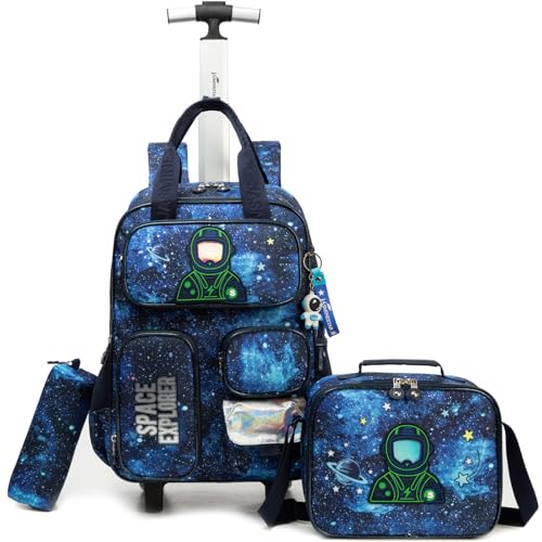 Kids Rolling Backpack for Boys Astronaut Luggage with Wheels Bookbag Multiple Compartment Pockets Wheeled Preschool Students Elementary Teenagers Lunch Box Pencil Case Blue for Age 5-10 - color: Blue-0201-taikong