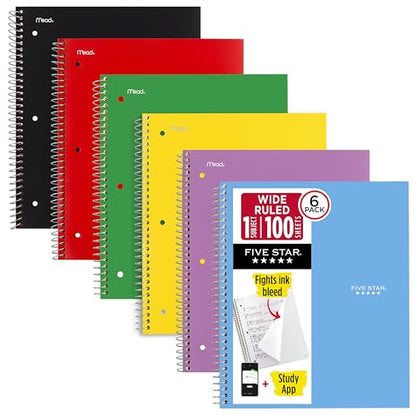 Five Star Spiral Notebook + Study App, 6 Pack, 1 Subject, Wide Ruled 8" x 10.5" Paper, 100 Sheets, Fights Ink Bleed, Water Resistant Cover, Assorted Colors (38042)