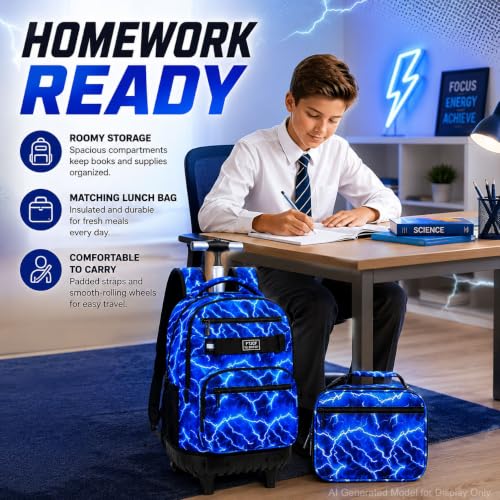 AGSDON Dynamic Lightning Men Rolling Backpack with Wheels Set – 20” Roller Bookbag for Boys with Matching Lunch Box for Travel, Commute & School | Water-Resistant Fashion Wheeled Organizer in Blue - color: Rolling Backpack Set - Lightning Blue