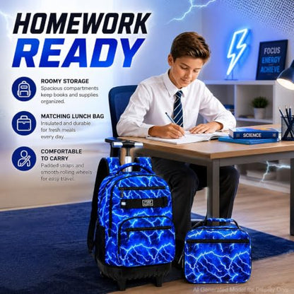 AGSDON Dynamic Lightning Men Rolling Backpack with Wheels Set – 20” Roller Bookbag for Boys with Matching Lunch Box for Travel, Commute & School | Water-Resistant Fashion Wheeled Organizer in Blue - color: Rolling Backpack Set - Lightning Blue