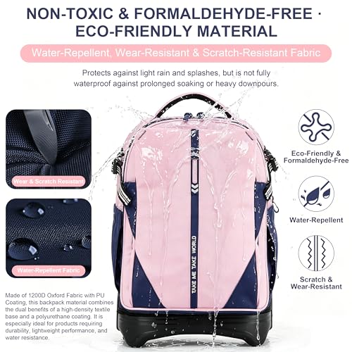 NEW TILAMI 18 Inch Expandable Rolling Backpack with 6-Wheel Stair Climbing, Waterproof Wheeled School Bag with 15.6" Laptop Sleeve for Boys Girls, Carry-on Luggage 98cm Dual-Height Handle - Pink - color: Pink