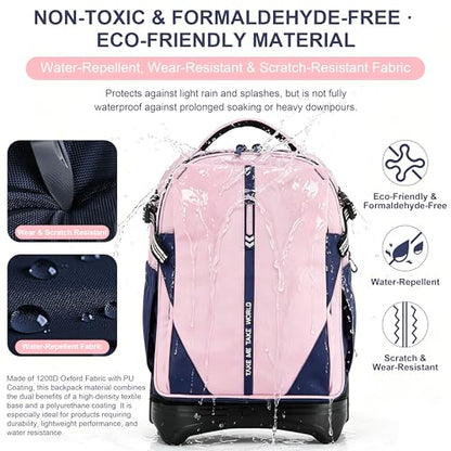 NEW TILAMI 18 Inch Expandable Rolling Backpack with 6-Wheel Stair Climbing, Waterproof Wheeled School Bag with 15.6" Laptop Sleeve for Boys Girls, Carry-on Luggage 98cm Dual-Height Handle - Pink - color: Pink