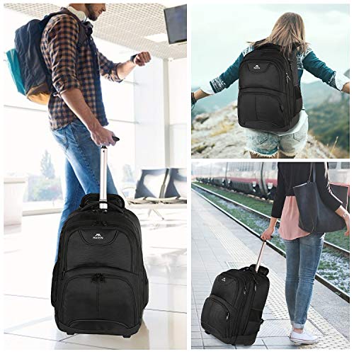 MATEIN Rolling Backpack, 17 inch Water Resistant Wheeled Laptop Backpack, Carry on Luggage Business Bag, Overnight College Computer Bag Trolley Suitcase for Men Women Adults to Travel, Black | Backpack with Wheels, 17 inch Laptop Backpack, 36 L Main Compa
