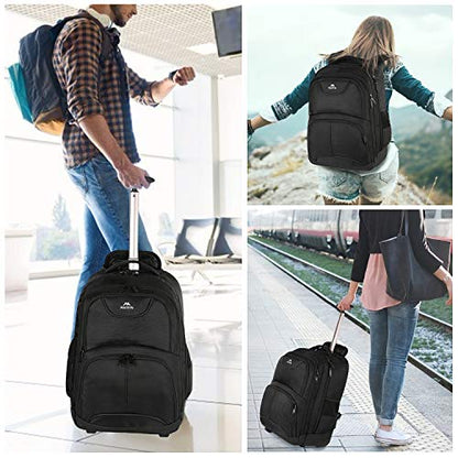 MATEIN Rolling Backpack, 17 inch Water Resistant Wheeled Laptop Backpack, Carry on Luggage Business Bag, Overnight College Computer Bag Trolley Suitcase for Men Women Adults to Travel, Black | Backpack with Wheels, 17 inch Laptop Backpack, 36 L Main Compa