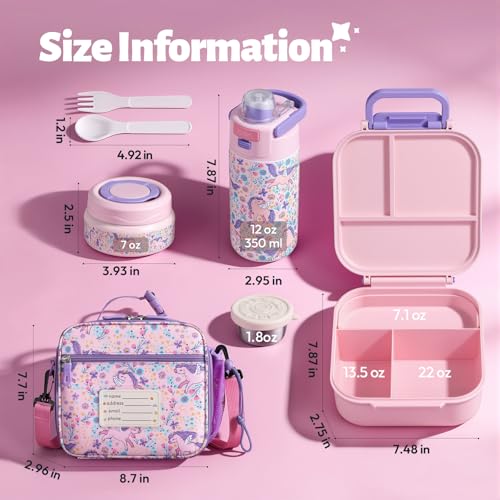Itslife Bento Box for Kids Set, Insulated Food Container,Kids Lunch Box, 7 oz Thermos for Hot Food, 12 oz Thermos Water Bottle, Reusable Insulated Ice Bag & Fork Spoon Utensils Camping Travel Pink - color: Pink-DJ