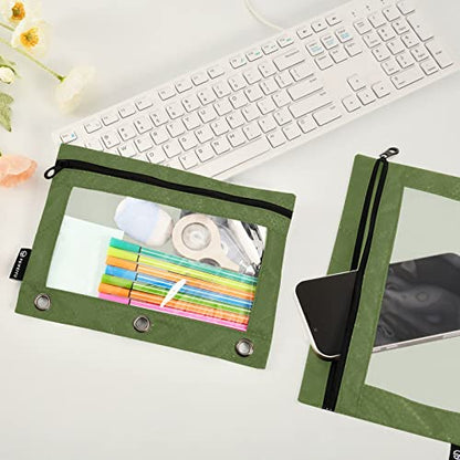 Binder Pouches,Dark Olive Green Pencil Pouch for 3 Ring Binder 2 Pack Clear Pencil Bag with Zipper for Office School Supplies - color: Dark Olive Green