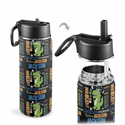 Personalized Water Bottles with Straw Lid, Custom Dinosaur Water Bottle Stainless Steel Insulated Cup with Name for Boys Girls - color: Color_01