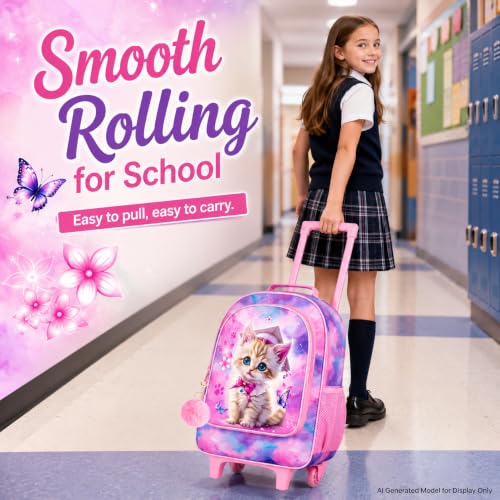 gxtvo Girls Rolling Backpack, Cute Cat Roller Wheels Kids Bookbag - Wheeled Elementary School Bag - 3PCS Cat - color: Dr.cat Rolling Set