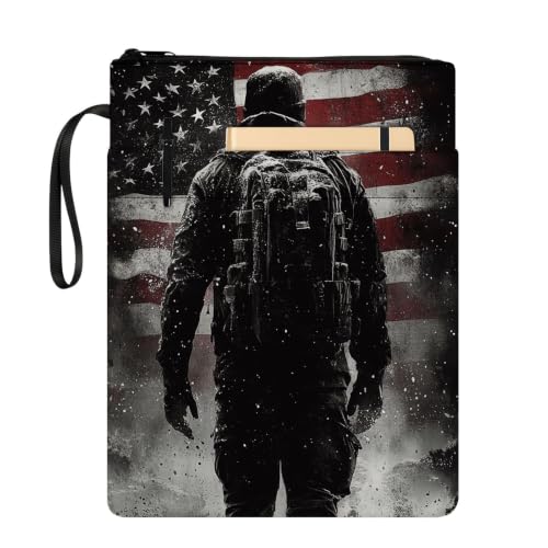 Padded Book Sleeve with Zipper & Front Pocket, Fabric Book Cover | US Flag Astronaut Soldier11.4"x8.7" Washable Canvas Pouch for Hardcovers, Tablets & Reading Accessories - color: Us Flag Astronaut Soldier