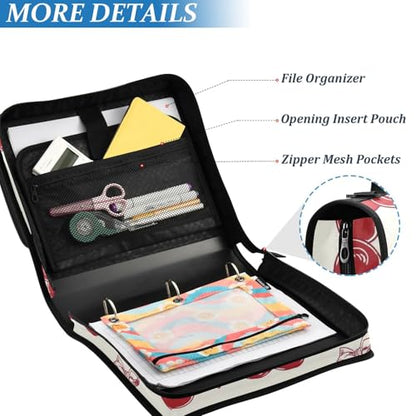 3 Ring Zipper Binder with Shoulder Strap Red Bow Cherry Love 2 Inch Zippered Binder Bag 500 Sheet Capacity Multi Pockets for School Supplies - color: Multi40