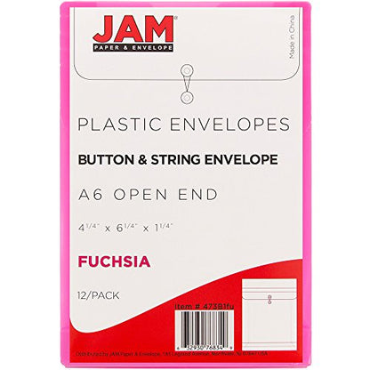JAM PAPER Plastic Envelopes with Button & String Tie Closure - 4 1/4 x 6 1/4 - Fuchsia Pink - 12/Pack - color: Fuchsia, size: 4 x 6