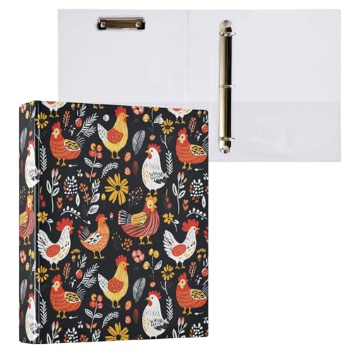 Colorful Chickens with Floral Black 1.5 Inch Binders 3 Ring with Clipboard&2 Pockets Large Heavy Duty Binders Decorative D-Ring Binder Flexible Hardcover Binders, Holds 200 Sheets - color: Black Background Rustic Chicken, size: 1 Pack-12.4x10.63in