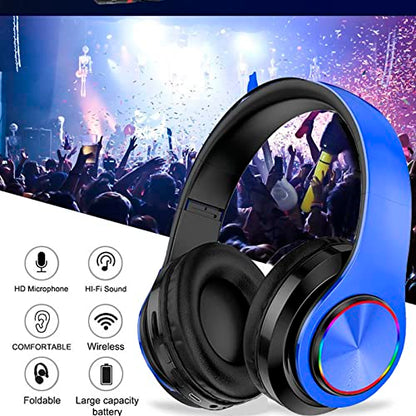 Kids Bluetooth Over Ear Headphones, Colorful LED Lights Headphones with Built-in Mic, Bluetooth 5.0, Wired and Wireless Foldable Stereo Headphones for Classroom/Home Office/Tablet/Airplane(Blue) - color: Blue