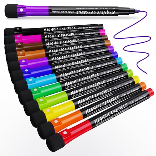 Magnetic Dry Erase Markers Fine Point Tip, 12 Count Colorful White Board Markers Dry Erase Marker with Eraser Cap, Low Odor Thin Marking for Teachers, Calendar Boards, Office, School Supplies - color: 12 Colors(12 Pack)