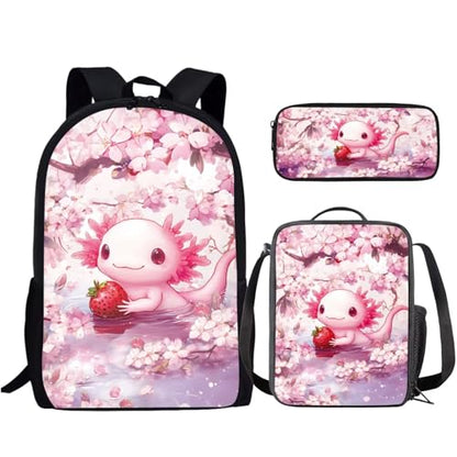 Pink Axolotl Kids Backpack Set of 3 with Lunch Box Pencil Case Portable Lunch Bag Multifunctional Pencil Case Cute Book Bag Elementary School Boys and Girls - color: Cute Axolotl Pattern