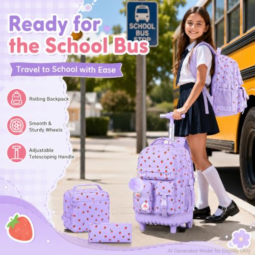 WZLVO 3PCS Roller Backpack, Water Resistance Girls Wheeled Bookbag, Women Aesthetic Rolling School Bag Set with Lunch Box & Pencil Bag for Teens & Kids - Purple Strawberry - color: 3pcs Girls Rolling Backpack - Purple Strawberry