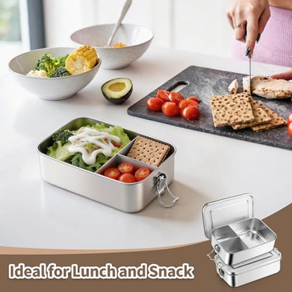 TeamFar 2 Pack Stainless Steel Bento Box, 47oz Metal Lunch Box | with 3 Compartments for Adults/Kids, Lunch Food Containers for School/Work/Meal Prep, Leak-Proof & Dishwasher Safe, 1400ML - size: 1400ML