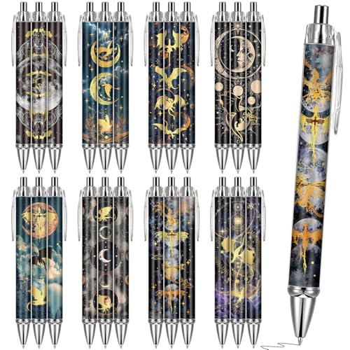 Dragon Ballpoint Pens Gifts - 24 Pcs Fantasy Sun Moon Retractable Ball Point Pen Black Ink Smooth Writing Party Favors for Women Students Romantasy Books Lovers Home Office Supplies Merch - style: Dragon