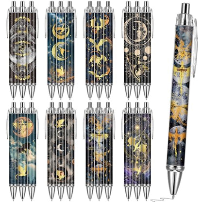 Dragon Ballpoint Pens Gifts - 24 Pcs Fantasy Sun Moon Retractable Ball Point Pen Black Ink Smooth Writing Party Favors for Women Students Romantasy Books Lovers Home Office Supplies Merch - style: Dragon