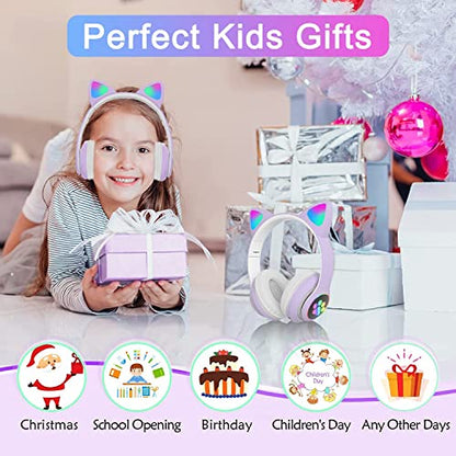 Kids Cat Ear Bluetooth Headphones, LED Light, Mic, Foldable | Foldable Cat Headphone, LED Light Up Ear, Cat Ear Headphones for Toddler, Microphone/TF Card - color: Purple